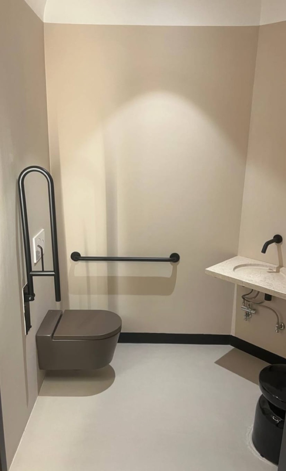 Baño adaptado en microcemento beige con barras